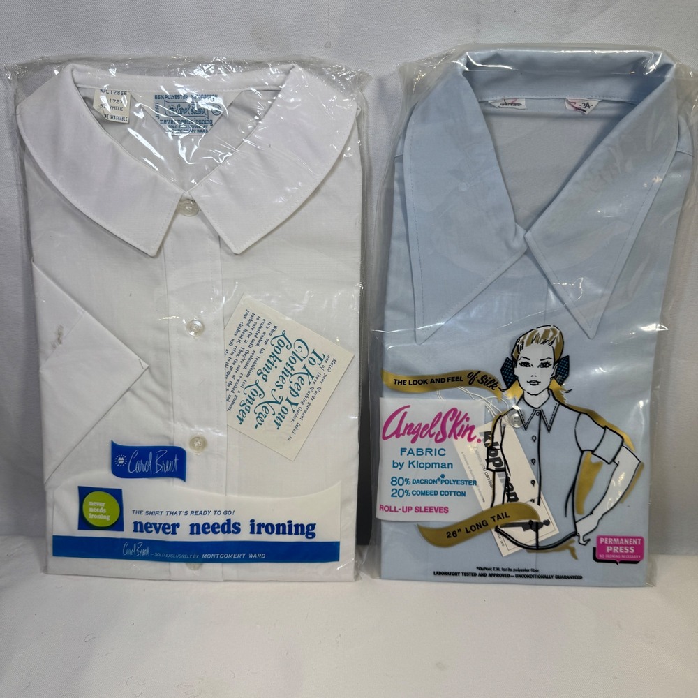 Vintage 70s Montgomery Ward Carol Brent Angel Skin Shirts Set of 2 White Blue 34
